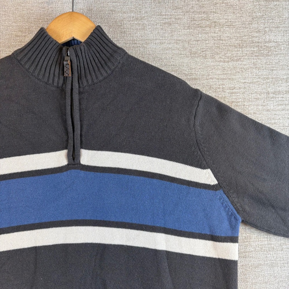 Vintage Eddie Bauer 1/4 Zip Striped Cotton Sweater Mens XL Grey Blue Heavy Knit